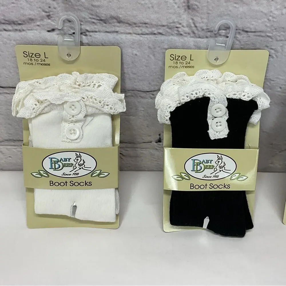 Baby Deer Boot Socks Girl's L (18-24mo) Ivory Pink Black Lace/Button Trim 3 Pair